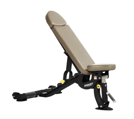 Adjustable gym bench on black background.