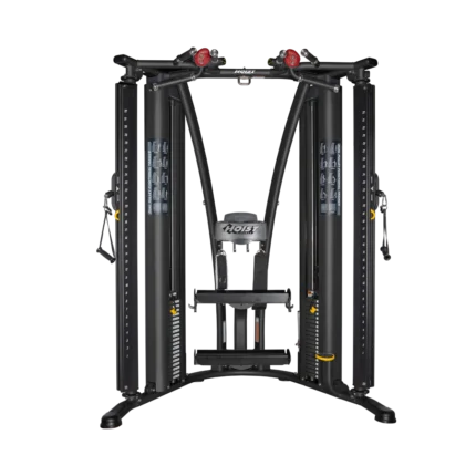 Black multifunctional gym equipment on black background.