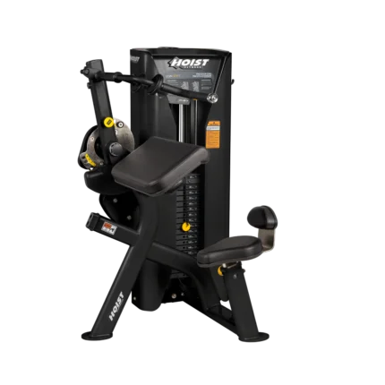 Seated bicep curl machine with padded seat.