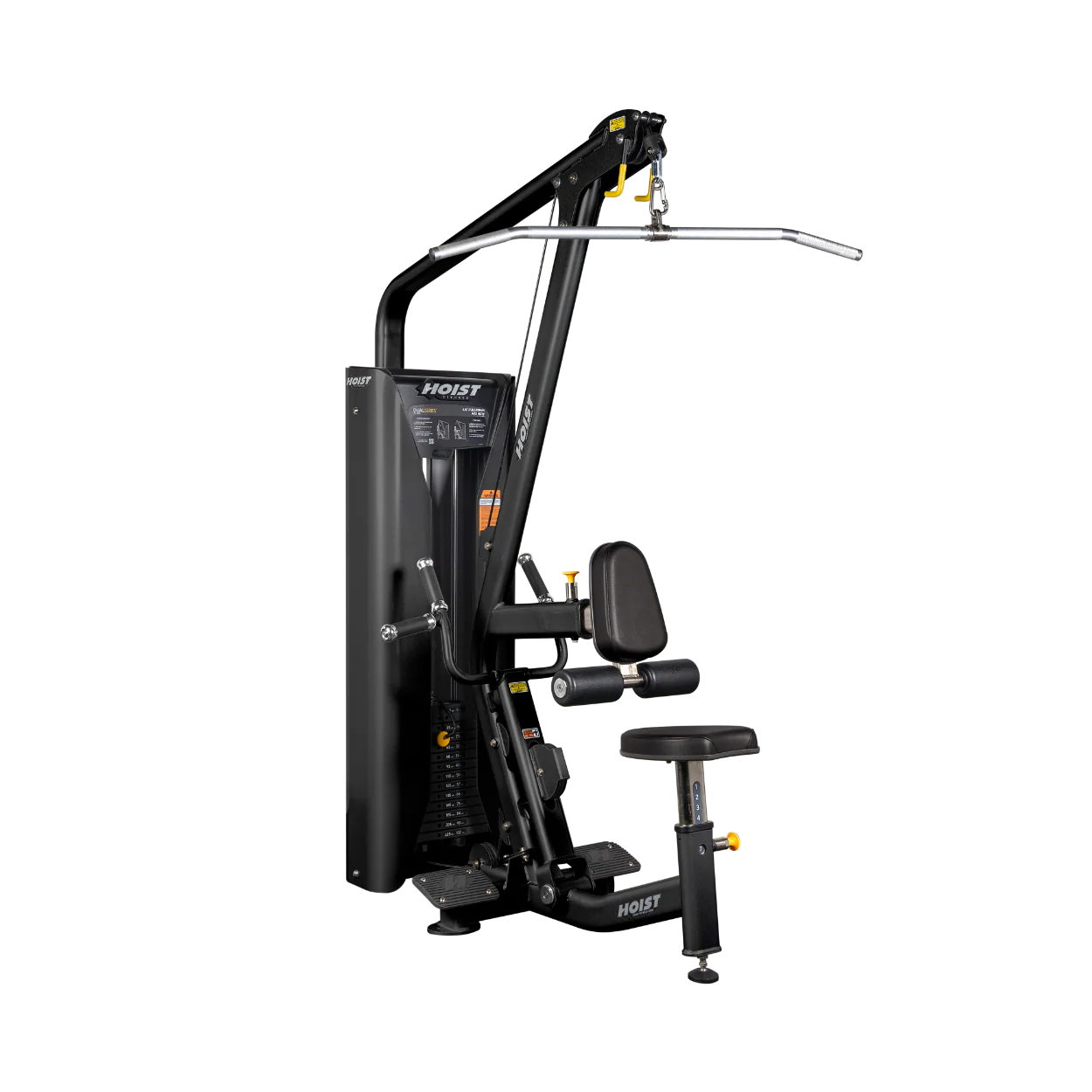 Gym weight machine against black background.