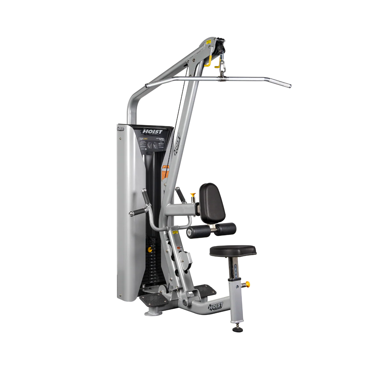 Gym lat pulldown machine on black background.
