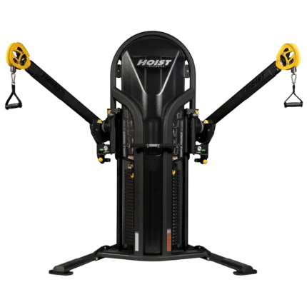 Black fitness equipment with yellow pulley handles.