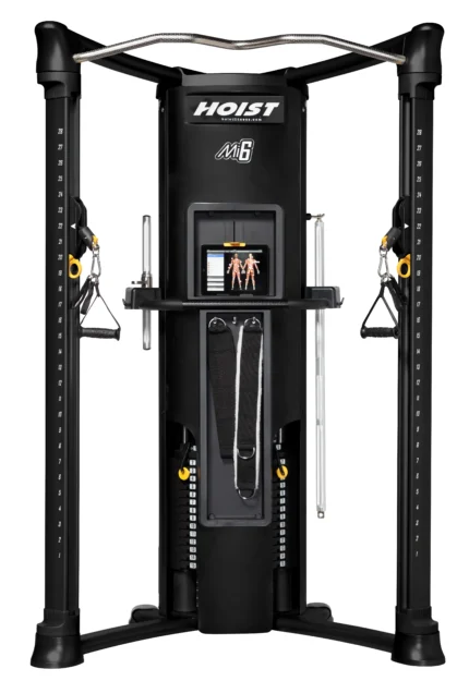 Black multifunctional gym equipment with pulleys.