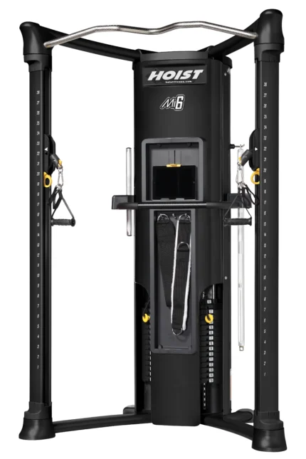 Multifunctional black cable crossover gym machine.