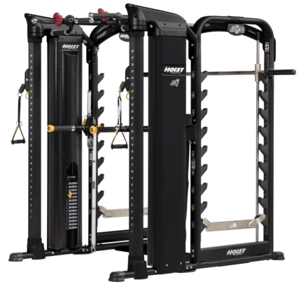 Multi-functional gym equipment with pulleys and weights.