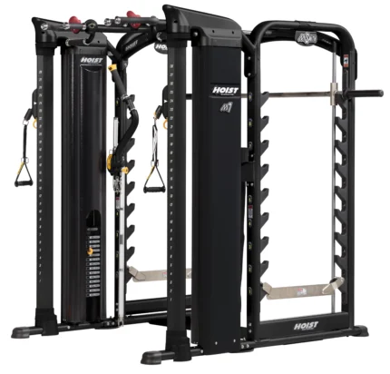 Black multifunctional gym equipment with weight stacks.