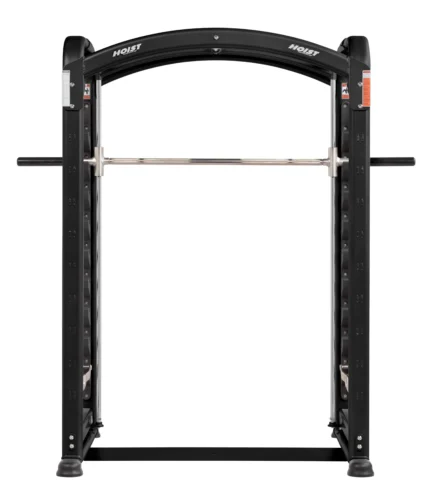 Smith machine with barbell for weightlifting.