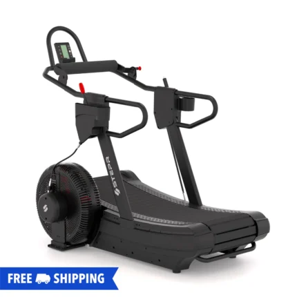 Curved treadmill with free shipping label.
