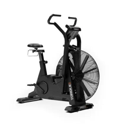 Black air bike exercise machine with fan.