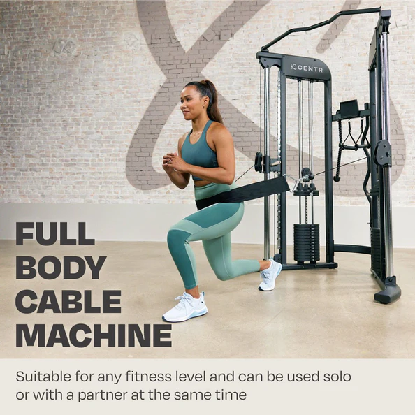 Woman exercising with full body cable machine. Woman exercising with full body cable machine.