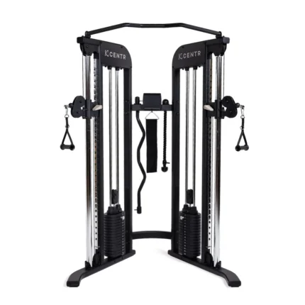 Dual cable crossover gym machine with attachments.