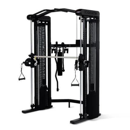 Black dual cable crossover gym machine.