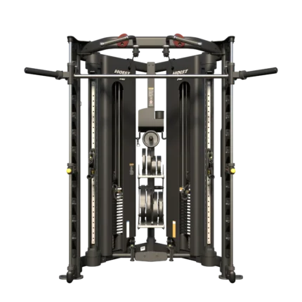 Dual pulley cable crossover gym machine.