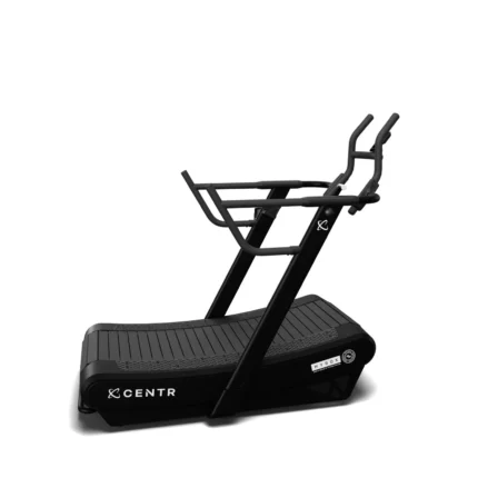 Black manual treadmill with curved design.
