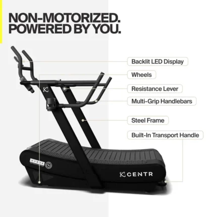Non-motorized treadmill with labeled features.