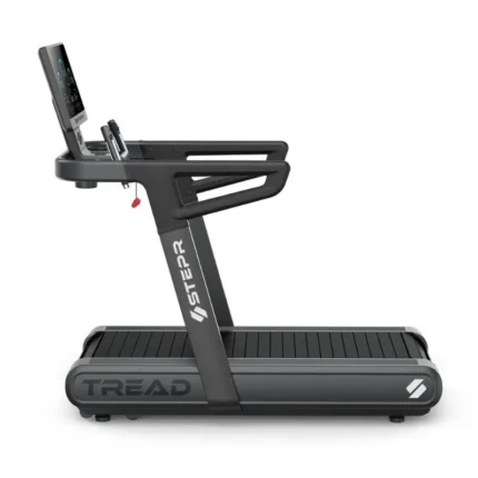 Black treadmill with digital screen and handlebars.