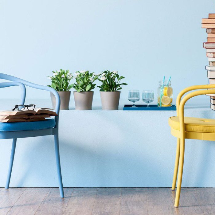 Blue and yellow chairs in a room.